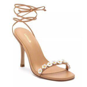 $350 LARROUDE Goldie 95MM Flower Appliqué Leather Lace-Up Sandals TAN 8.5 (DC1)